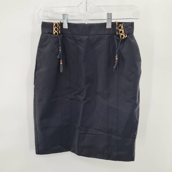 2011 Gucci Black Pencil Skirt W Gold Buckles & Leather Tassels Size 42